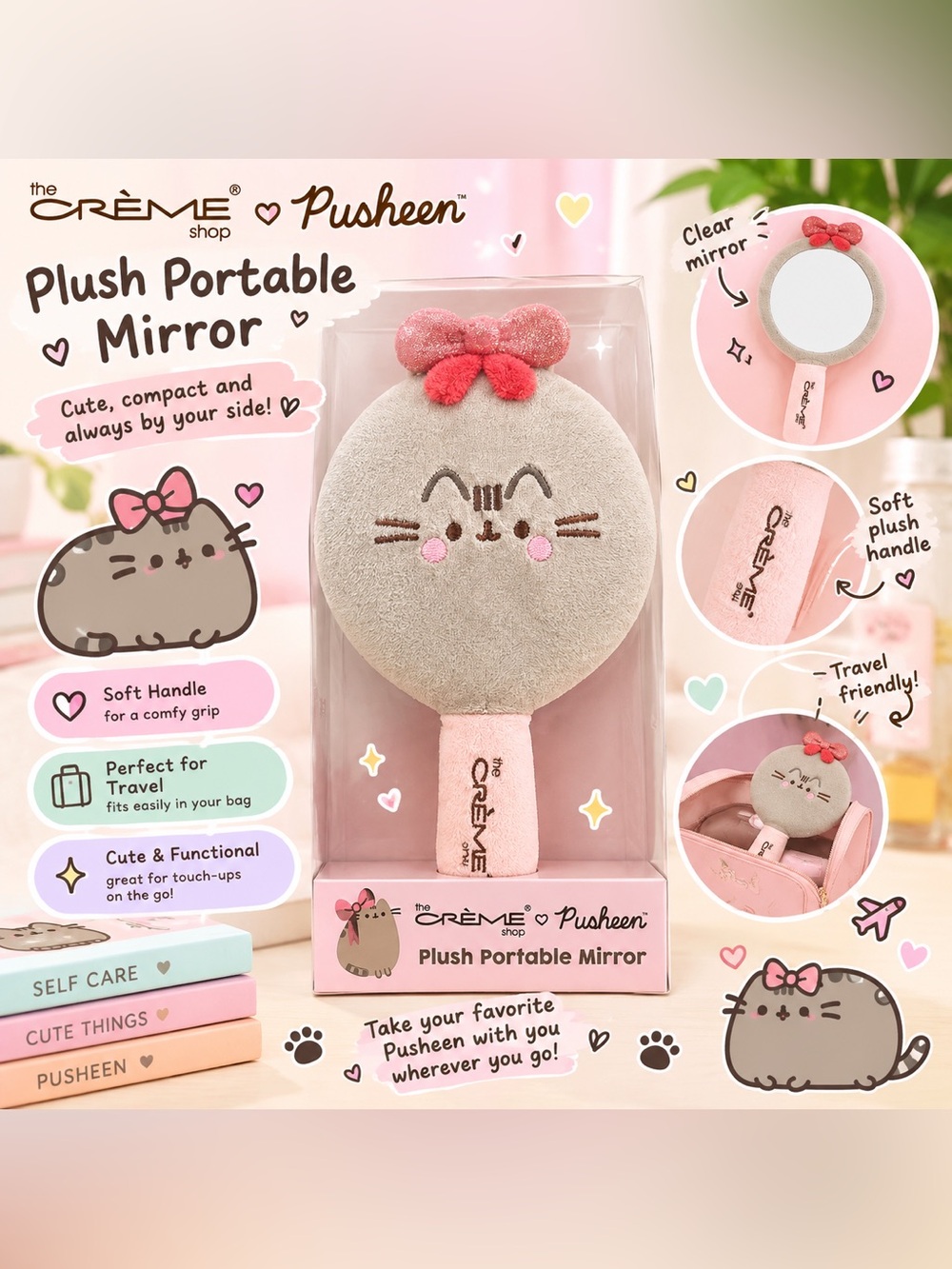 Pusheen Plush Portable Mirror - Pink and Gray